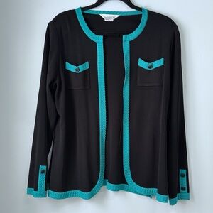 Exclusively Misook Black Knit Open Cardigan Teal Trim Career Chic Travel Size S